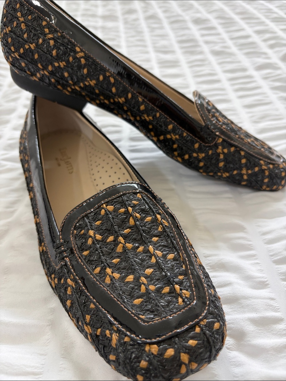 Eric Javits New York Square Toe Black and Tan Woven Loafers. Stylish, Tailored!